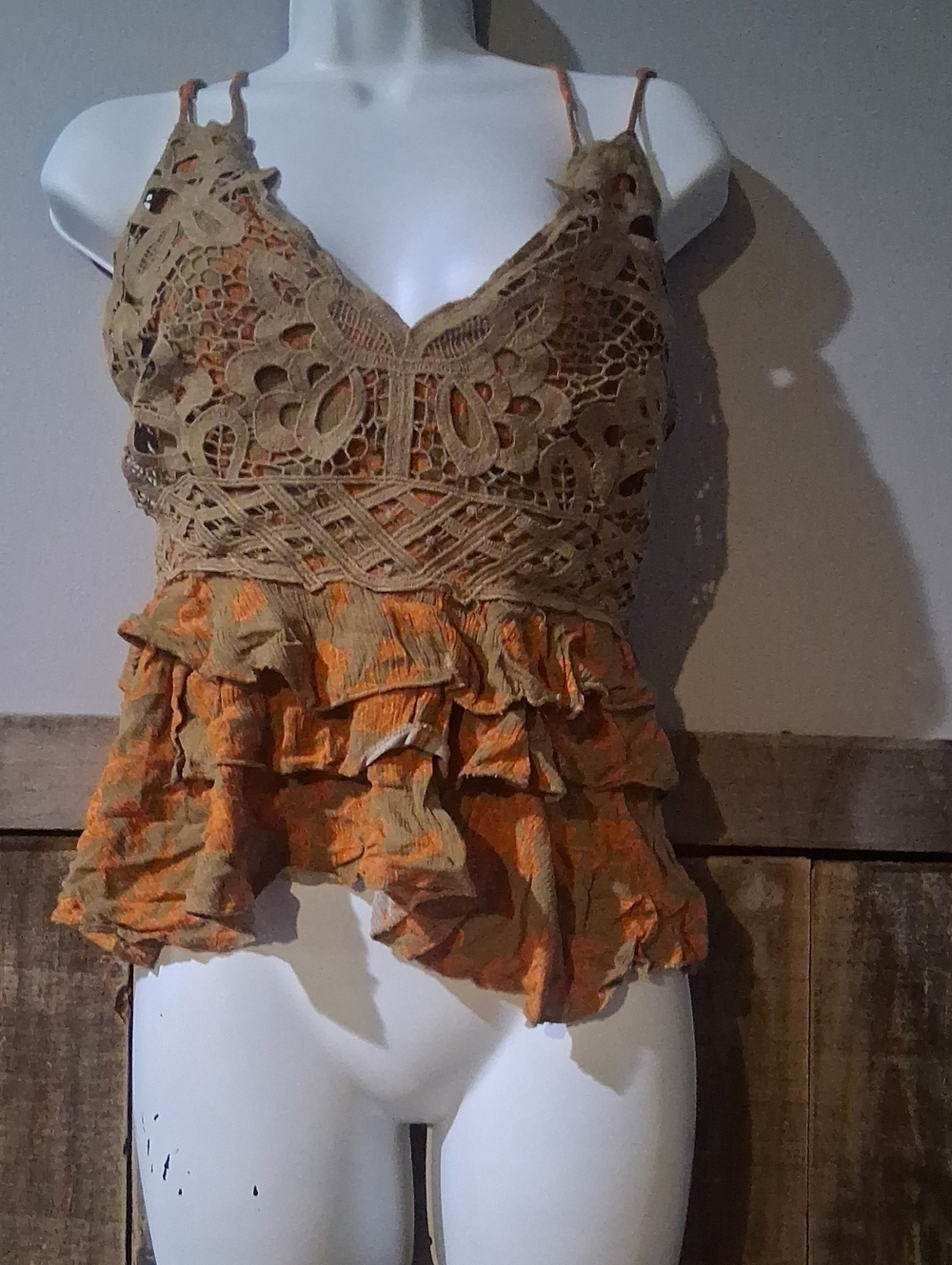 Chelsea & Violet Tan Crochet Lace Cami with Orange Ruffle Layers